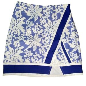 Lucy Paris Blue White Floral Damask Faux Wrap Mini Skirt Small Ribbon Trim